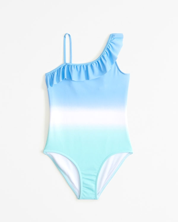 asymmetrical ruffle one-piece swimsuit, Blue Pattern