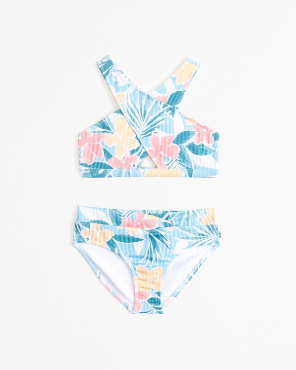 high-neck wrap-front two-piece swimsuit, Floral