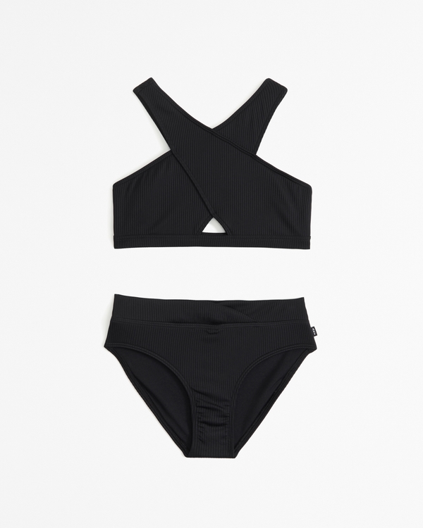 high-neck wrap-front two-piece swimsuit