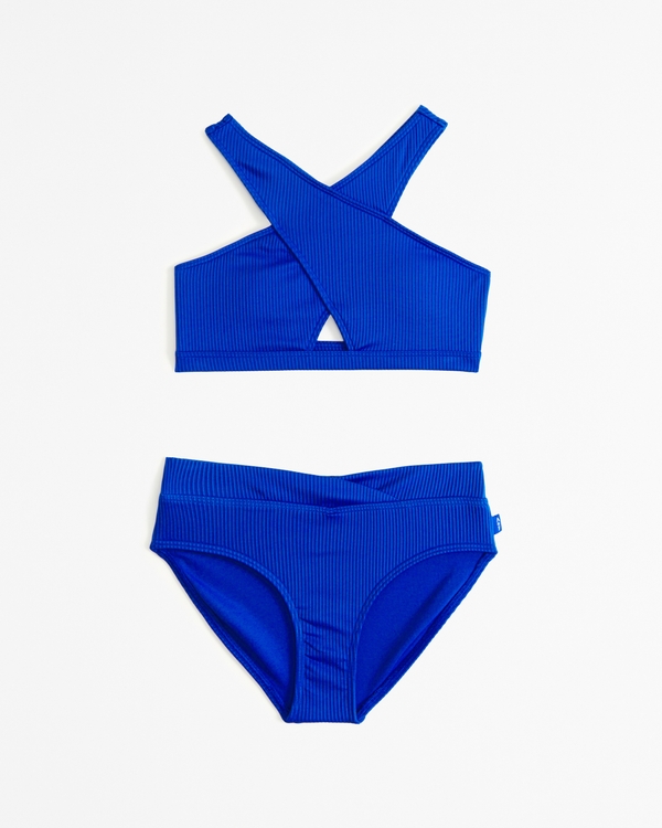 high-neck wrap-front two-piece swimsuit