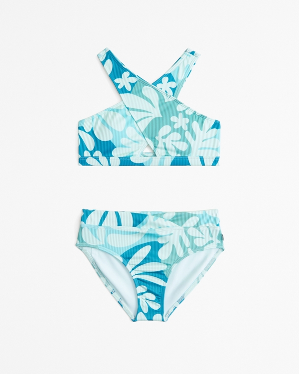high-neck wrap-front two-piece swimsuit, Green Pattern