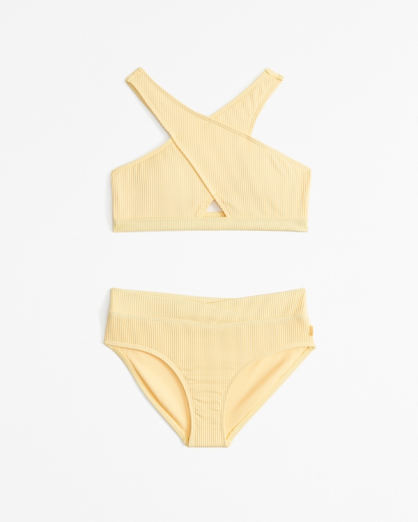high-neck wrap-front two-piece swimsuit, Yellow