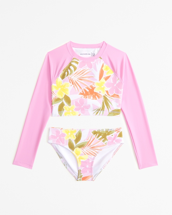 two-piece long-sleeve rashguard swimsuit, Pink Floral