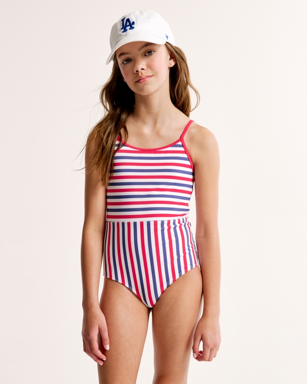 scoopneck one-piece swimsuit, Red, White, And Blue Stripe
