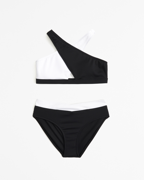high-neck wrap-front two-piece swimsuit, Black And White
