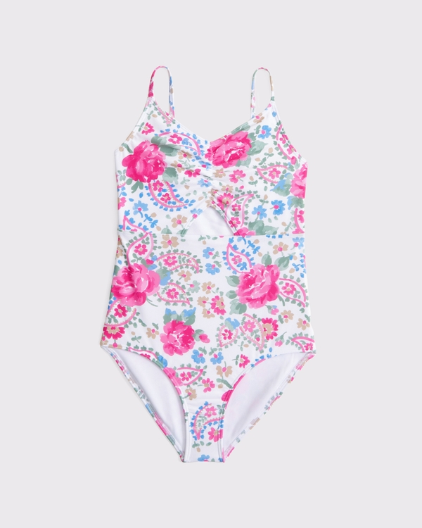 triangle cinched cutout one-piece swimsuit, Pink Floral view 1