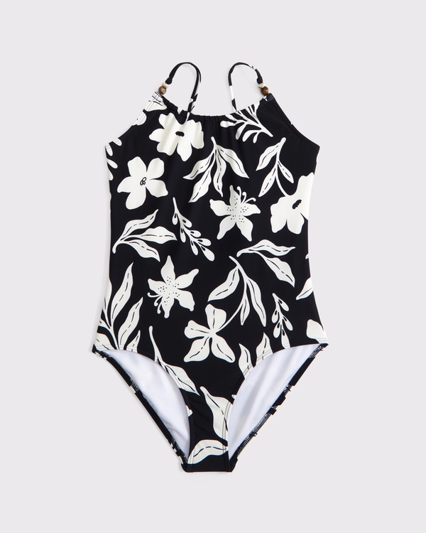 beaded scoopneck one-piece swimsuit, Black Pattern view 1