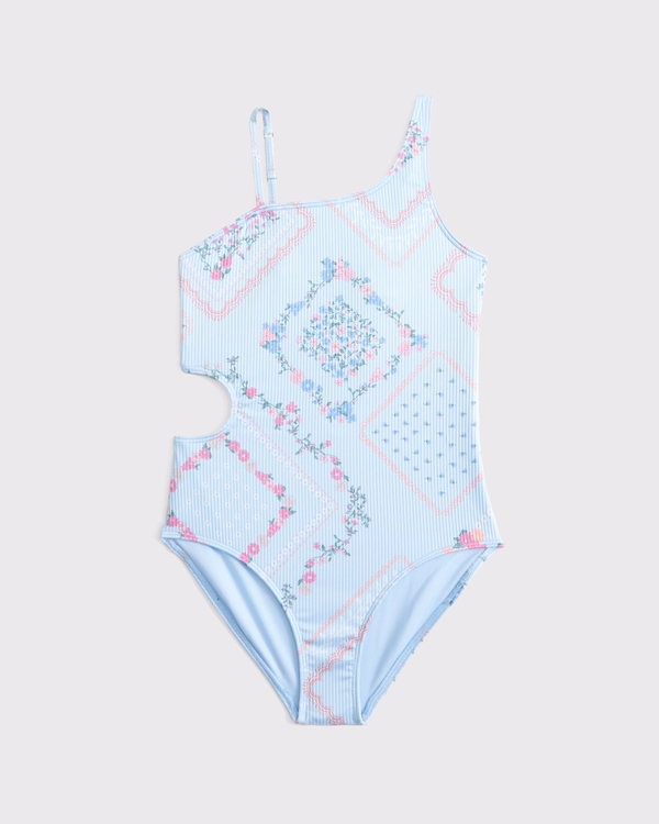asymmetrical cutout one-piece swimsuit, Light Blue Pattern view 1