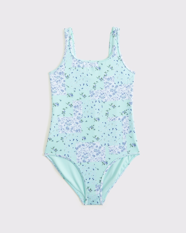 scoopneck one-piece swimsuit, Green Pattern view 1