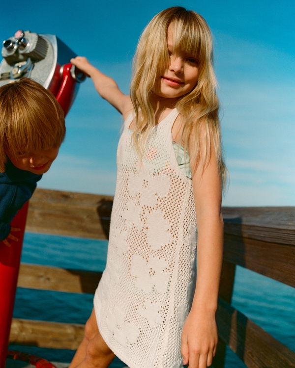 crochet-style mini dress coverup, White view 1