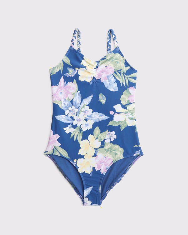 braided triangle cinched one-piece swimsuit, Blue Floral view 1