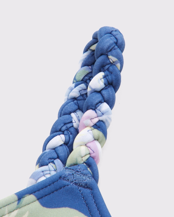 braided triangle cinched one-piece swimsuit, Blue Floral view 2