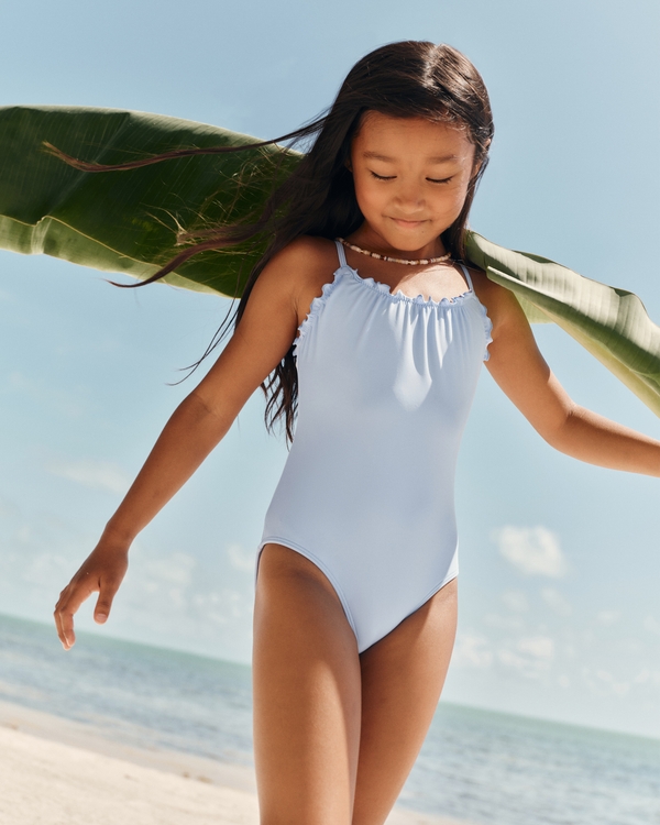 lettuce edge scoopneck one-piece swimsuit, Blue view 1