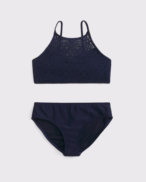 high-neck two-piece swimsuit, Muted Navy view 1