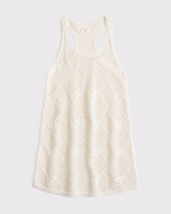crochet-style mini dress coverup, Cream view 1