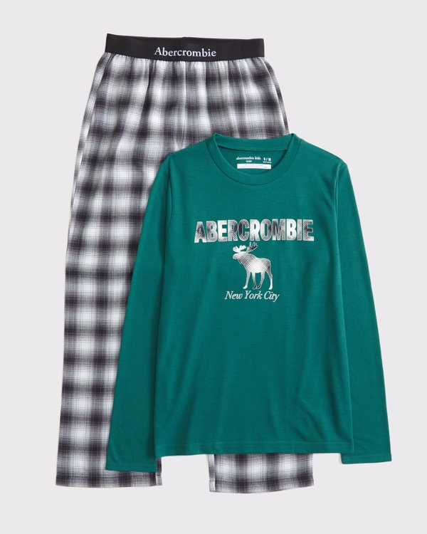 flannel pajama set, Teal Green view 1