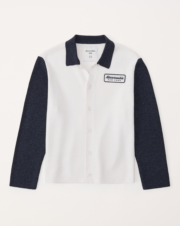 long-sleeve button-through sweater polo, Navy And White