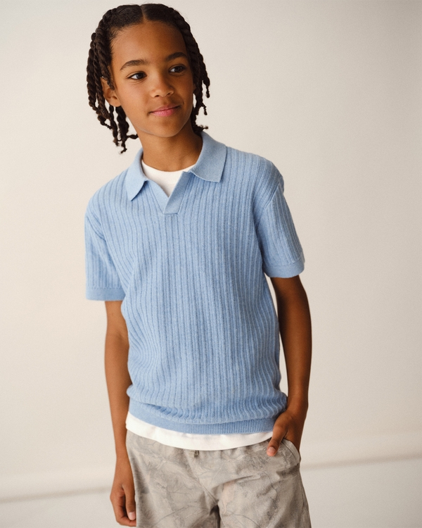 short-sleeve johnny collar sweater, Blue view 1