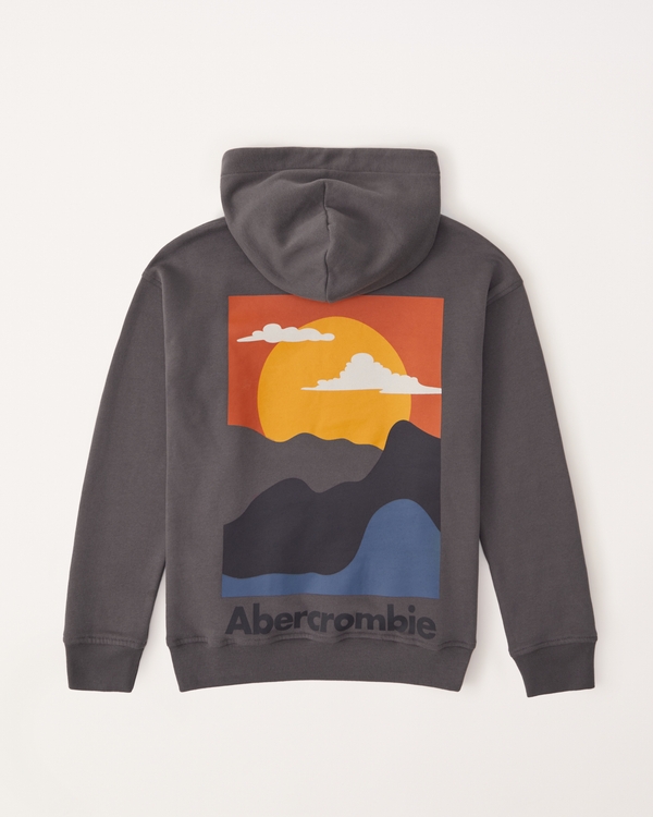 print graphic logo popover hoodie, Grey