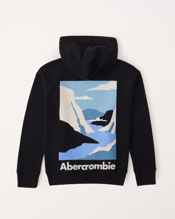 print graphic logo popover hoodie, Black