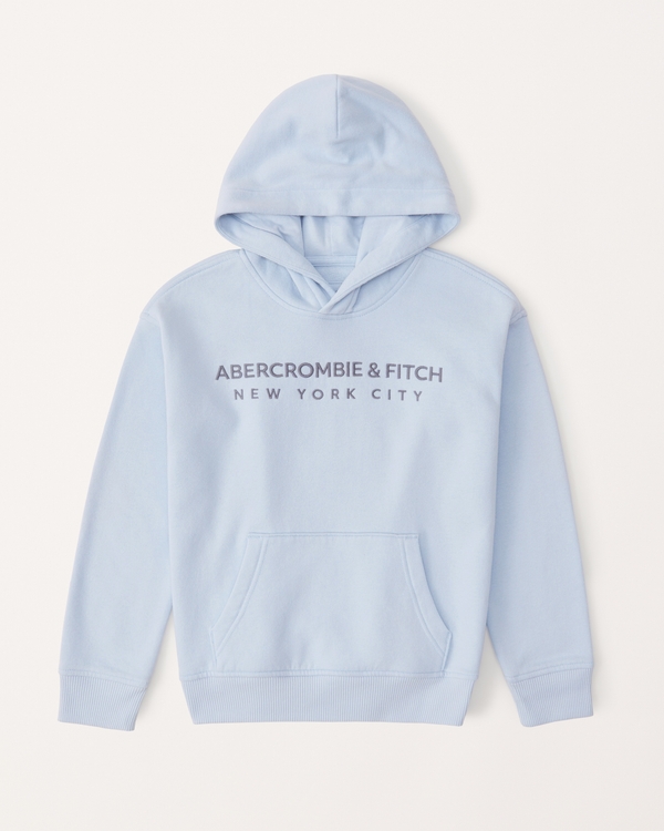 embroidered logo popover hoodie, Light Blue