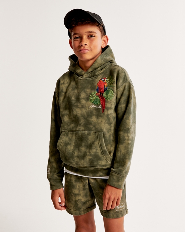 embroidered graphic logo popover hoodie, Dark Green Dye Pattern