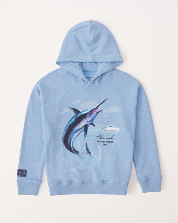 print graphic logo popover hoodie, Blue