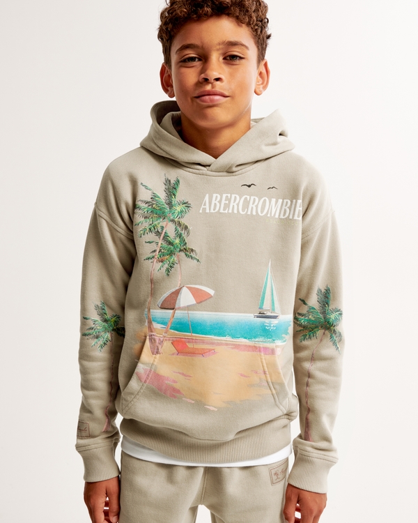 print graphic logo popover hoodie, Tan
