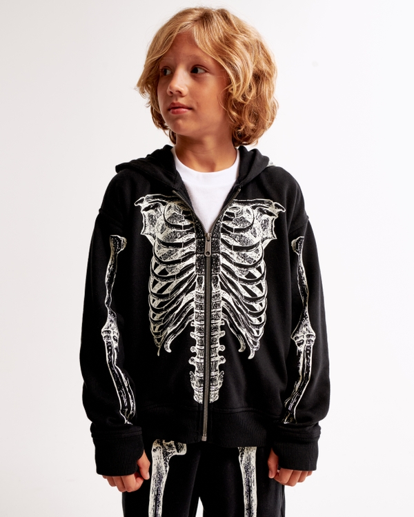 glow-in-the-dark skeleton full-zip hoodie, Black