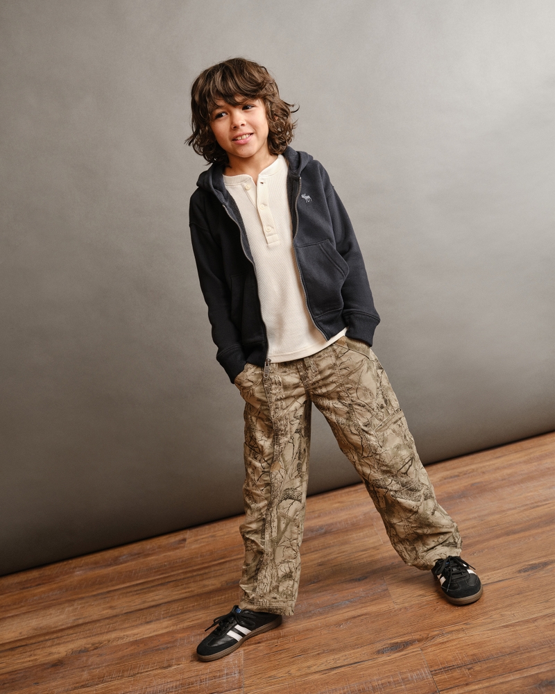 boxy waffle-lined full-zip hoodie