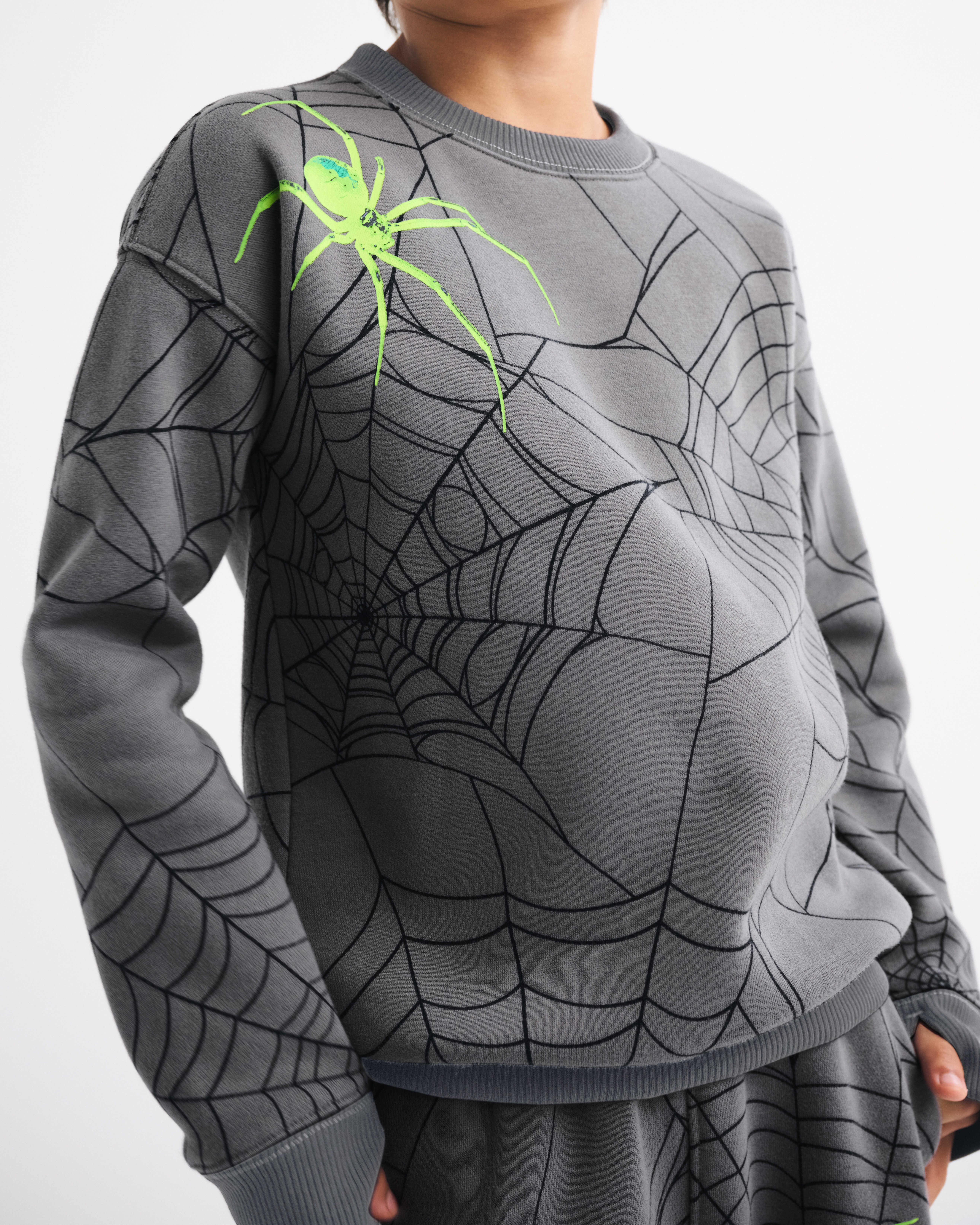 Abercrombie & Fitch Kids' Spider Web Glow-in-the-dark Graphic Crew Sweatshirt In Gray