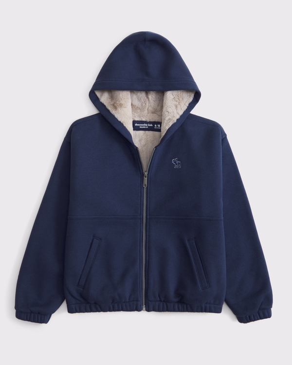 boxy faux fur-lined full-zip hoodie, Sapphire view 1