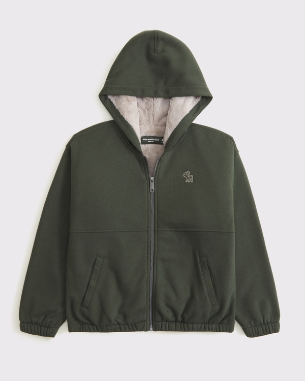 boxy faux fur-lined full-zip hoodie, Ivy Green view 1
