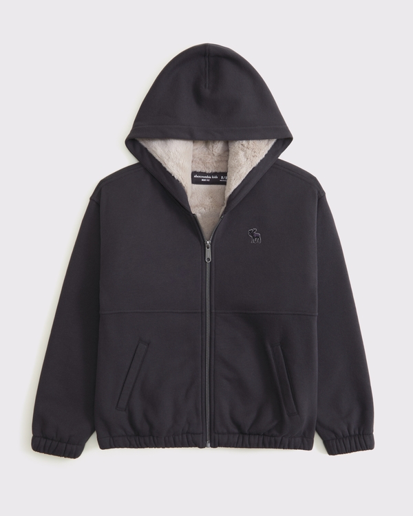 boxy faux fur-lined full-zip hoodie, Dark Gray view 1