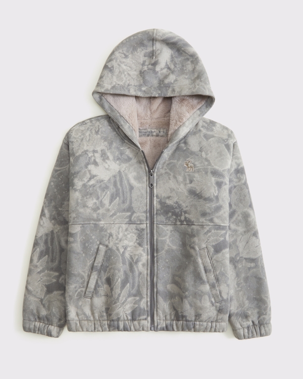 boxy faux fur-lined full-zip hoodie, Gray Pattern view 1