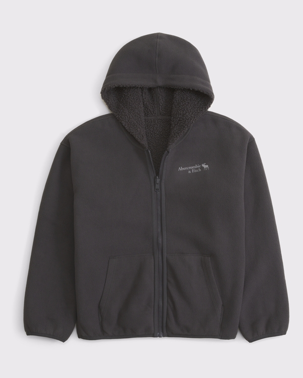 reversible hooded full-zip sherpa jacket, Dark Grey view 2
