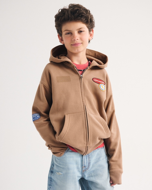 logo patch full-zip hoodie, Brown view 1