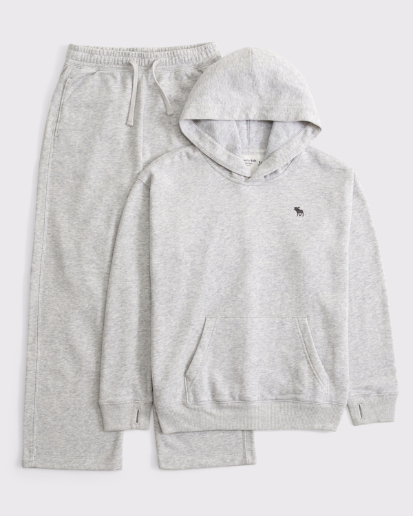 essential icon hoodie and open-hem sweatpant set, Light Gray view 1
