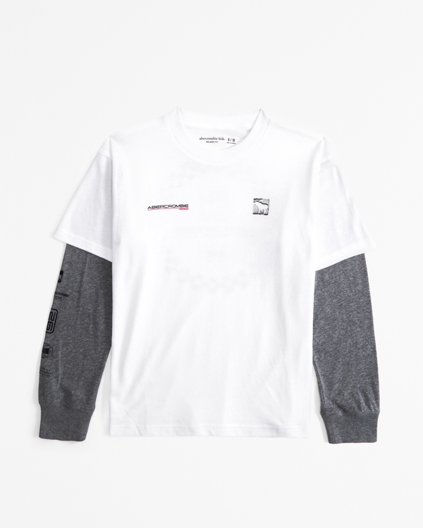 long-sleeve twofer print logo tee, White And Gray