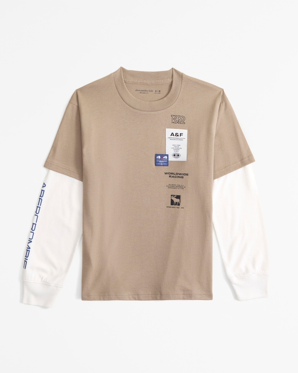 long-sleeve twofer print logo tee, Dusty Beige