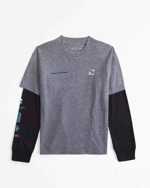 long-sleeve twofer print logo tee, Gray