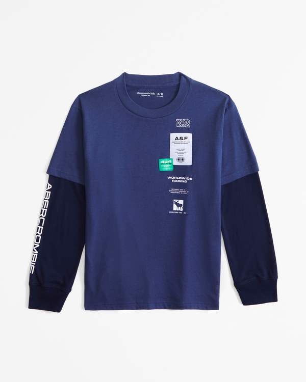 long-sleeve twofer print logo tee, Vintage Indigo