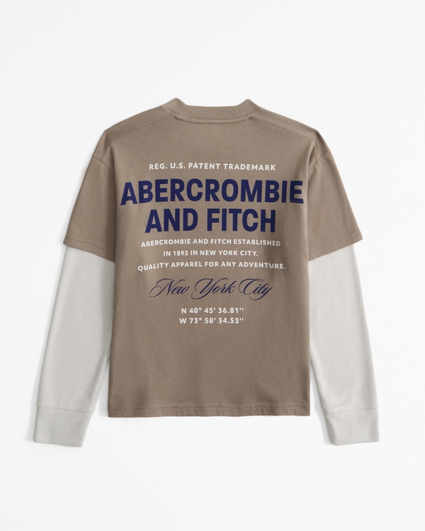 long-sleeve twofer print logo tee, Dusty Beige