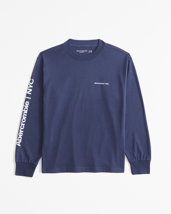 long-sleeve graphic logo tee, Vintage Indigo