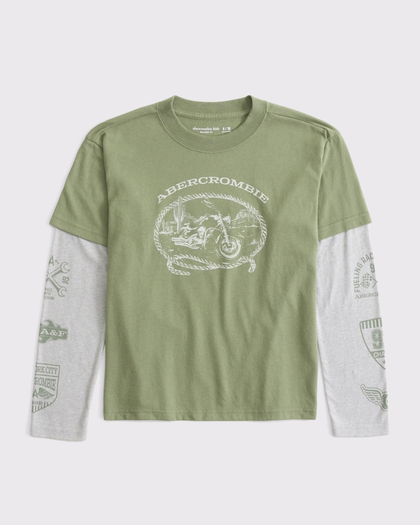 relaxed long-sleeve logo twofer, Olive Green view 2