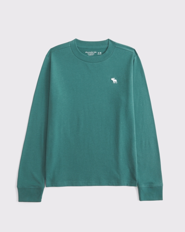 essential long-sleeve icon crew tee, Teal Green view 1