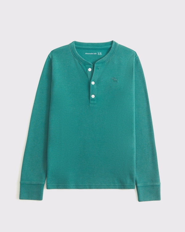 washed long-sleeve waffle icon henley, Teal Green view 1