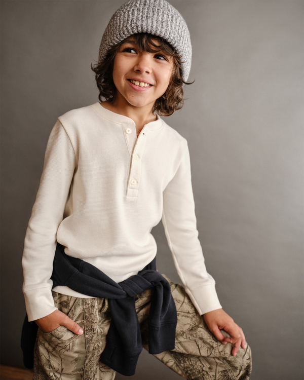 long-sleeve waffle icon henley, White view 1