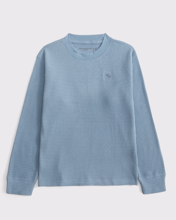 cozy long-sleeve waffle crew, Blue view 1