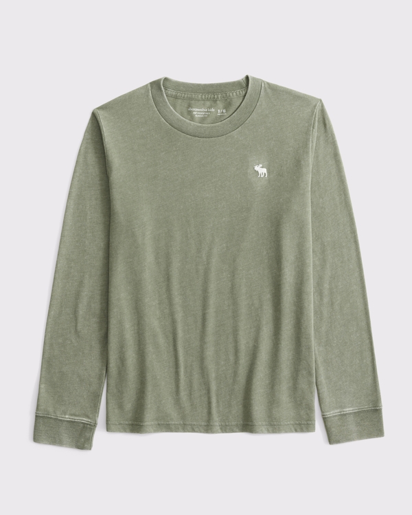 essential washed long-sleeve icon crew tee, Olive Green view 1